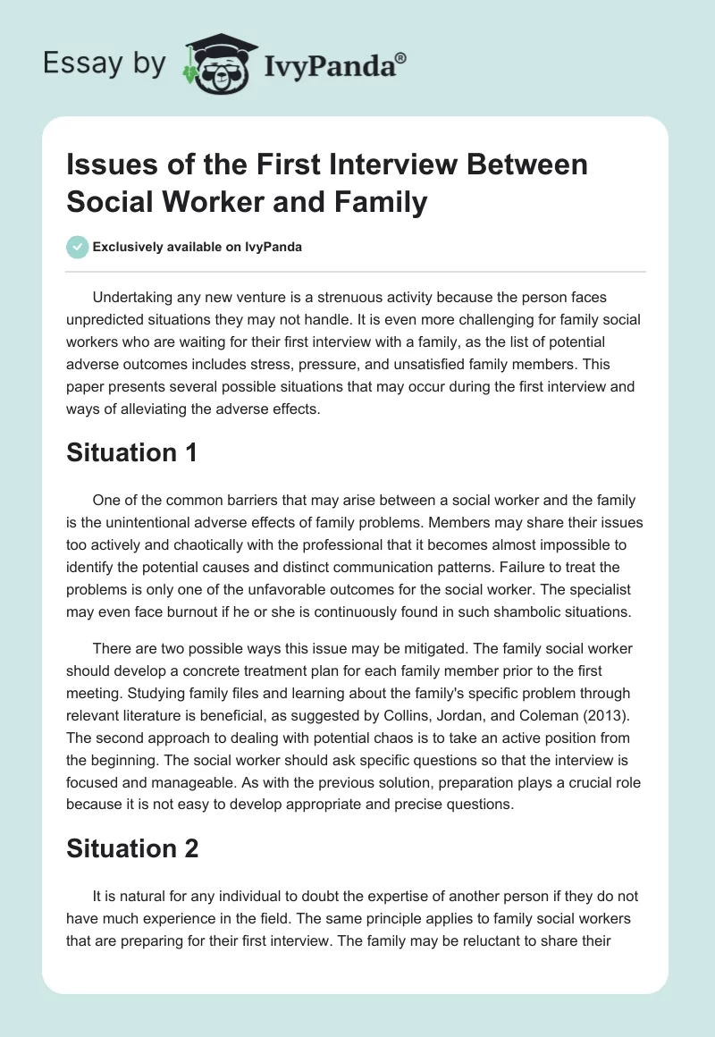 Issues of the First Interview Between Social Worker and Family. Page 1