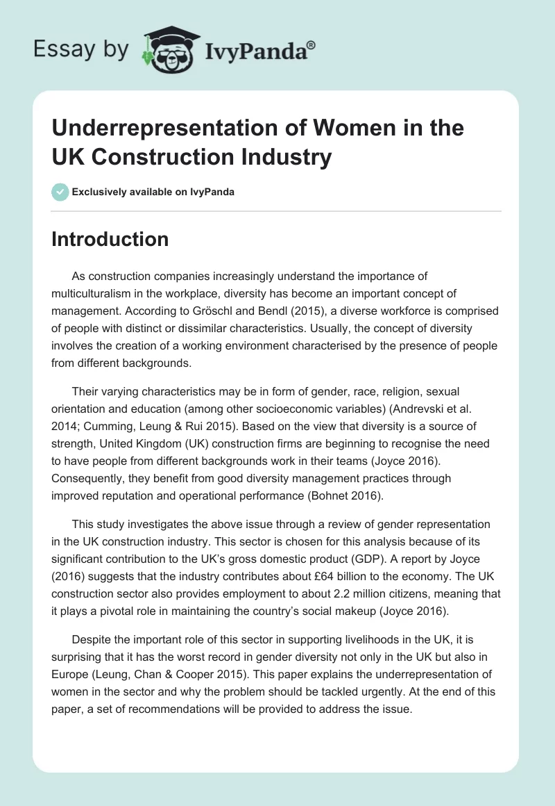 Underrepresentation of Women in the UK Construction Industry. Page 1