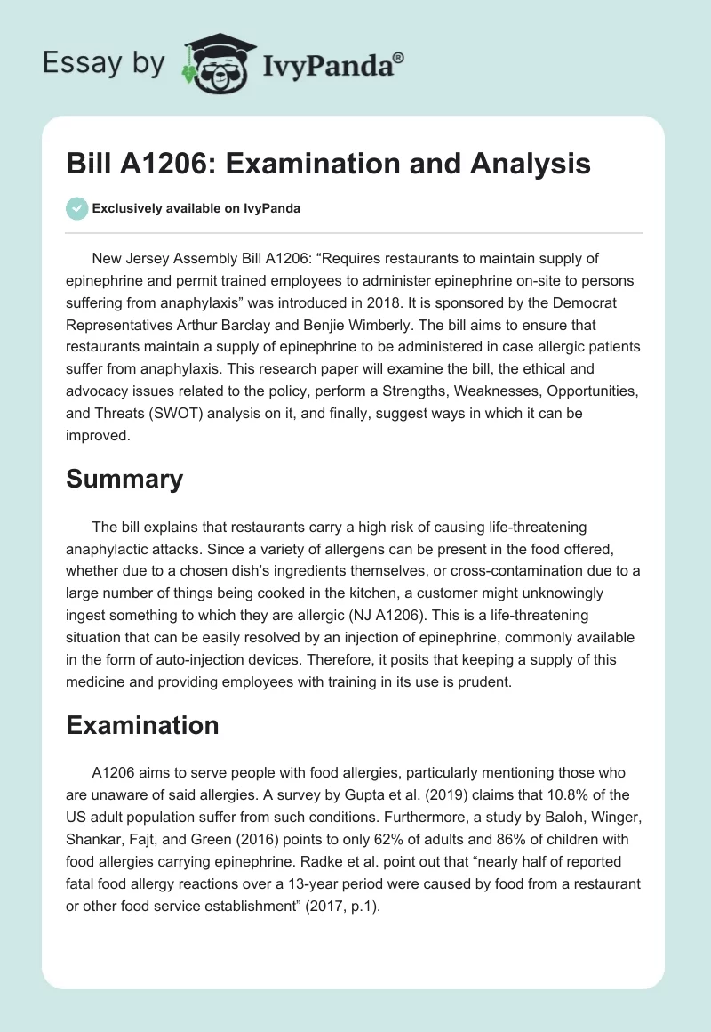 Bill A1206: Examination and Analysis. Page 1