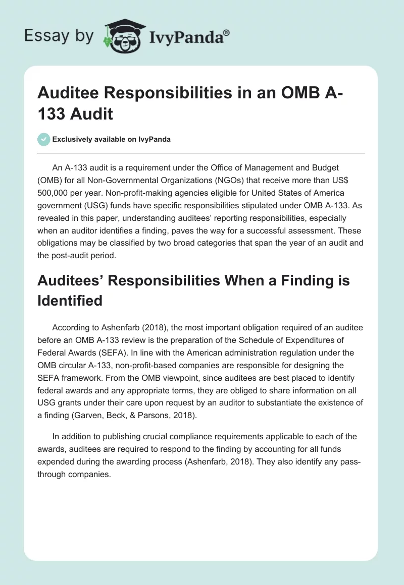 Auditee Responsibilities in an OMB A-133 Audit. Page 1