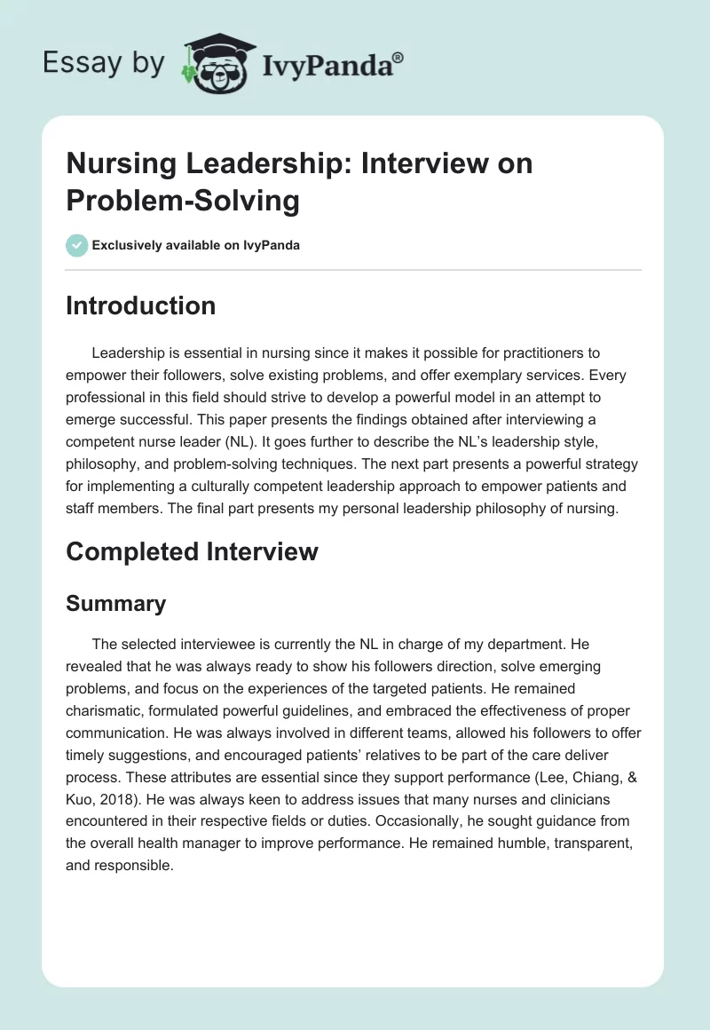 Nursing Leadership: Interview on Problem-Solving. Page 1
