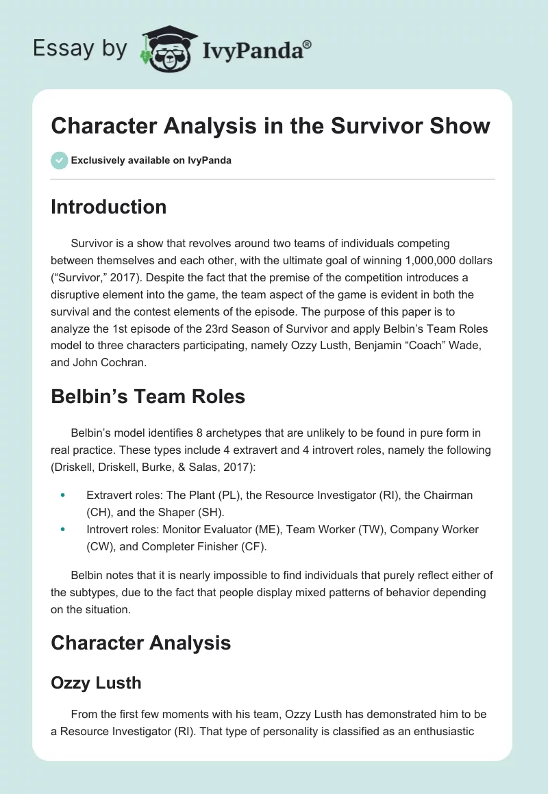 Character Analysis in the "Survivor" Show. Page 1