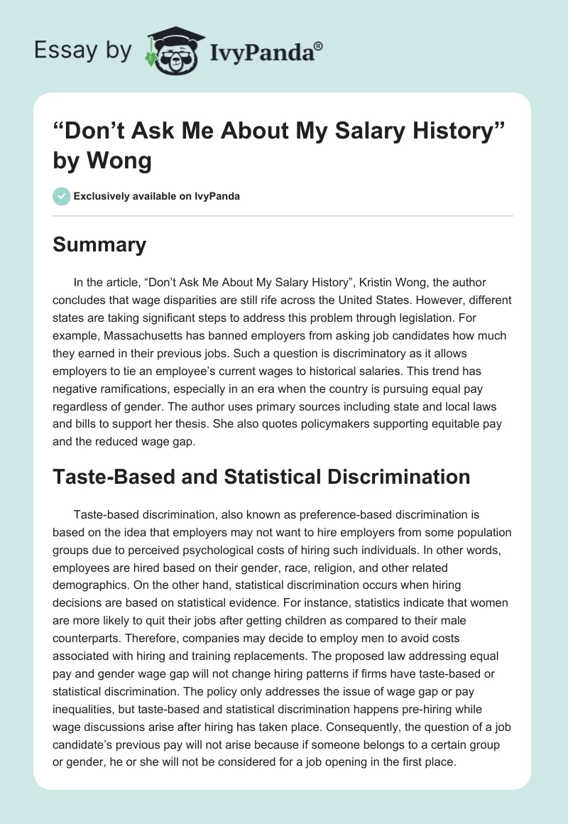 “Don’t Ask Me About My Salary History” by Wong. Page 1