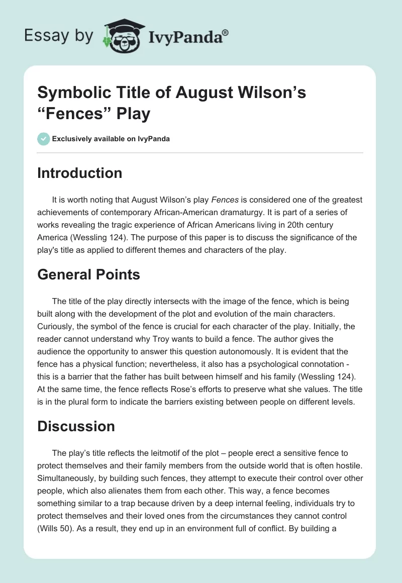 Symbolic Title of August Wilson’s “Fences” Play. Page 1
