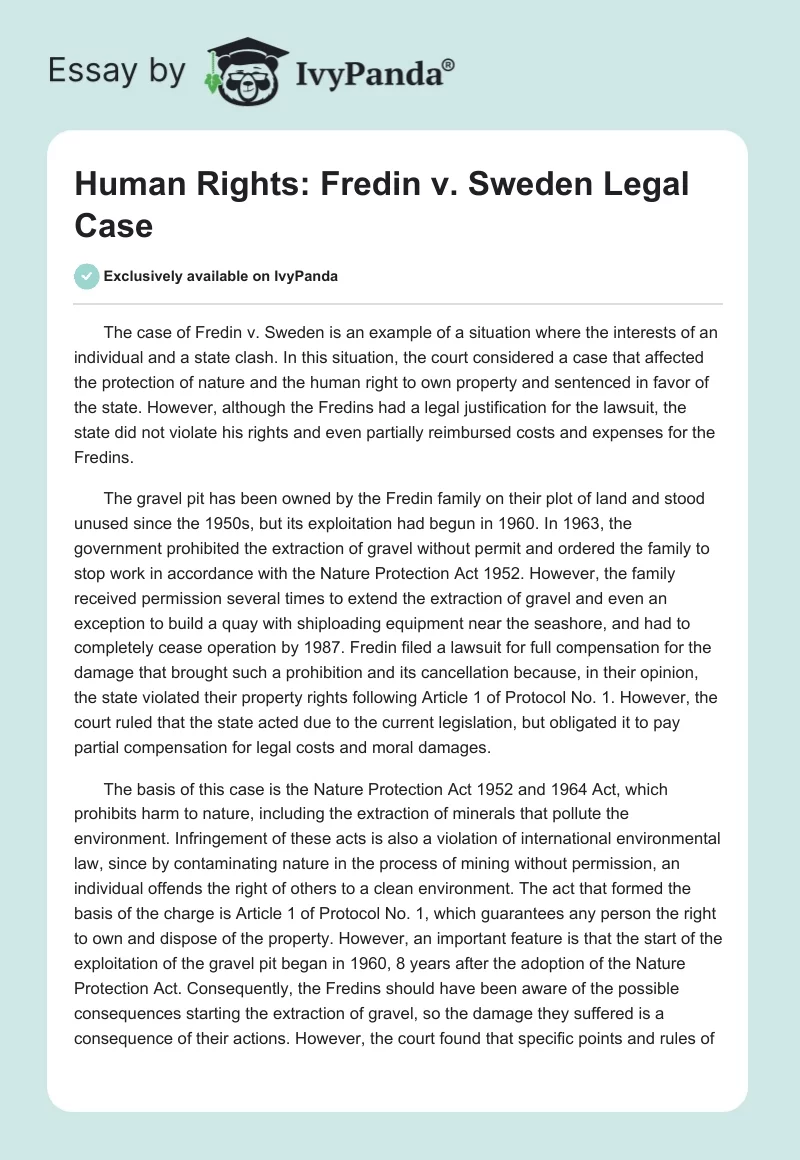 Human Rights: Fredin v. Sweden Legal Case. Page 1