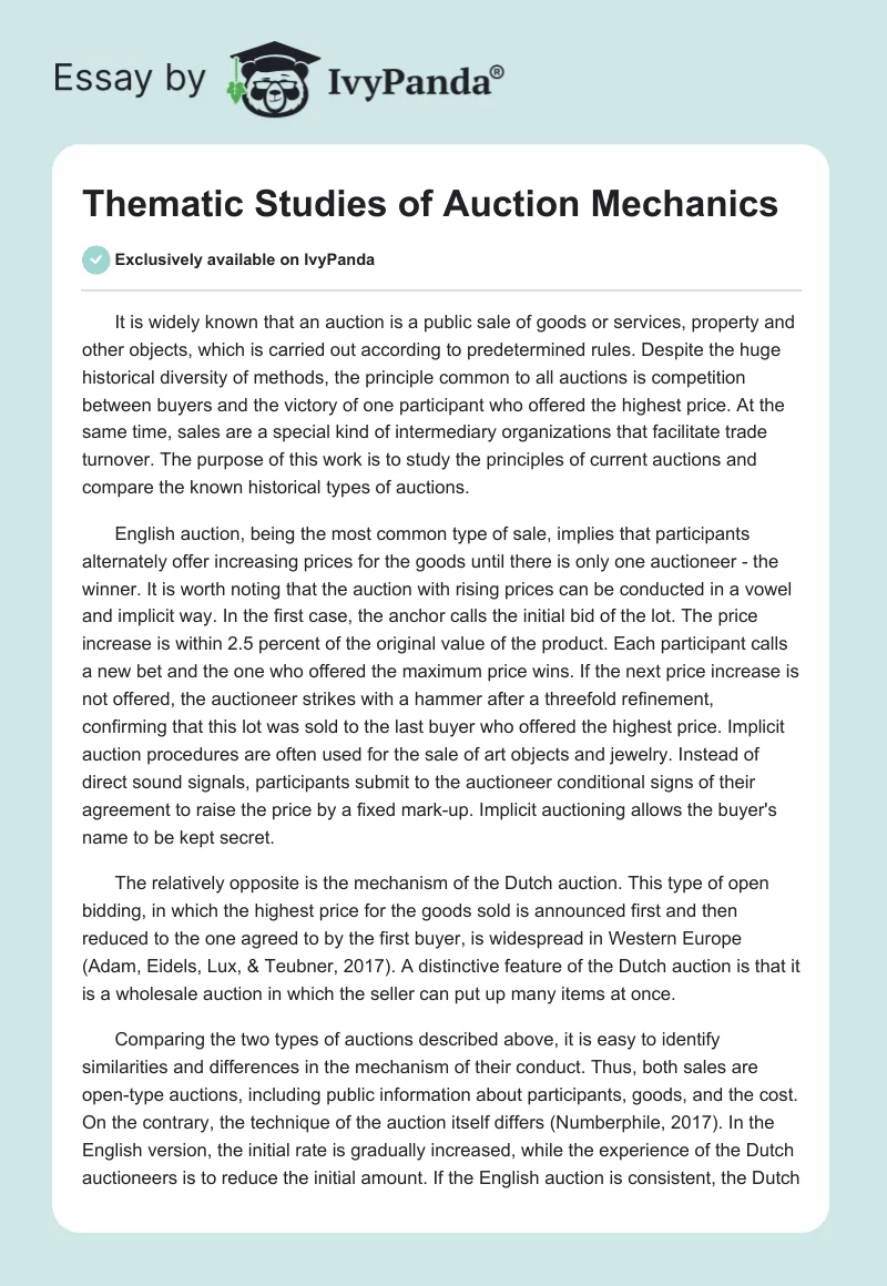 Thematic Studies of Auction Mechanics. Page 1