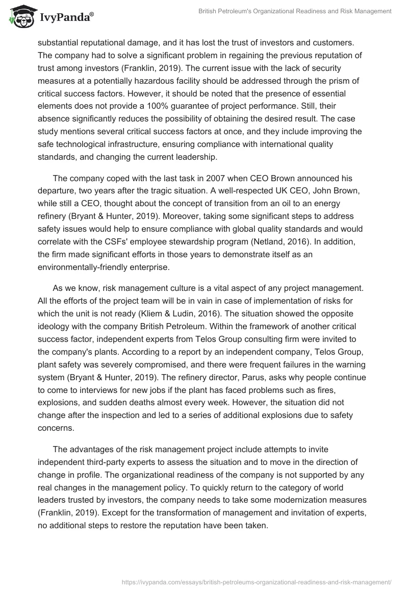 British Petroleum's Organizational Readiness and Risk Management. Page 2