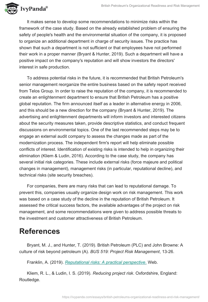 British Petroleum's Organizational Readiness and Risk Management. Page 3