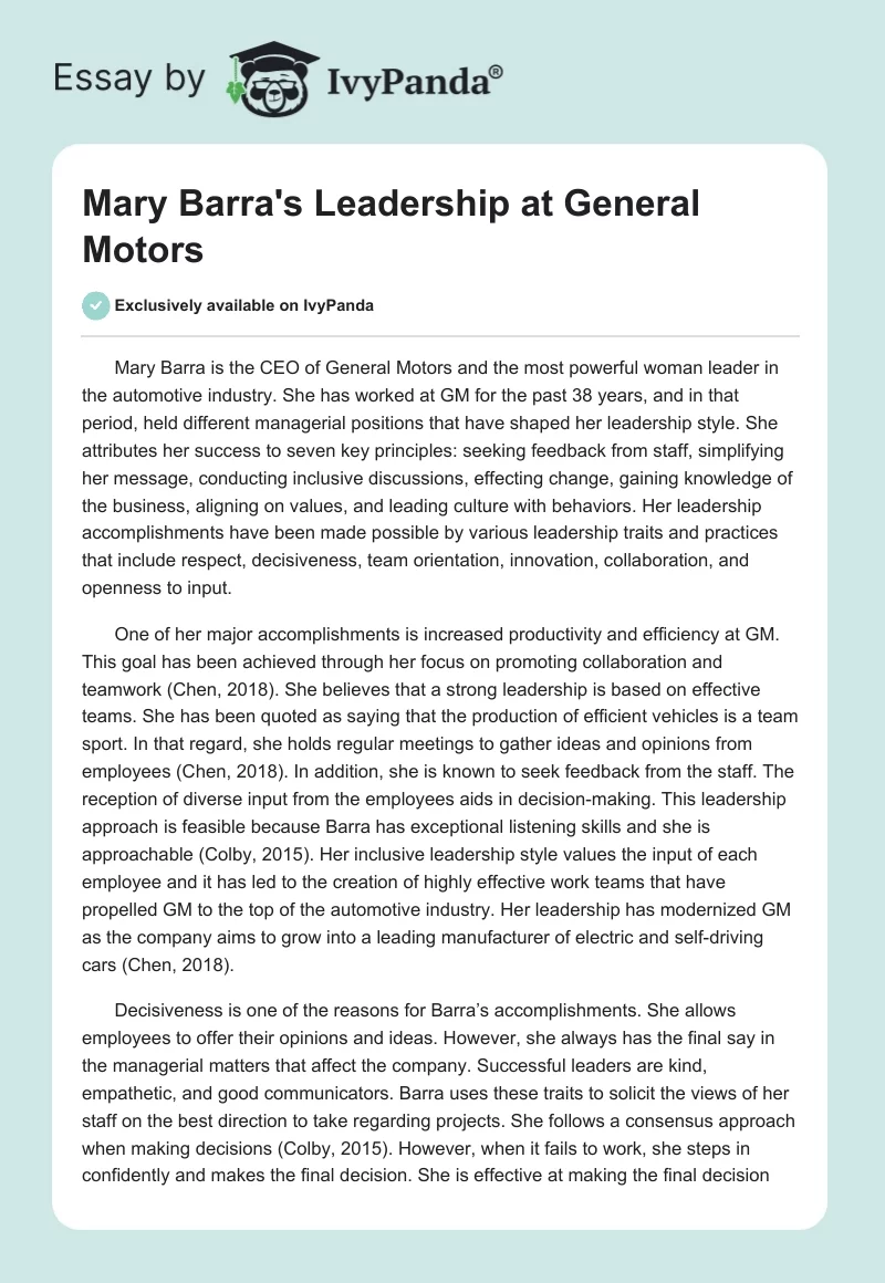 Mary Barra's Leadership at General Motors. Page 1