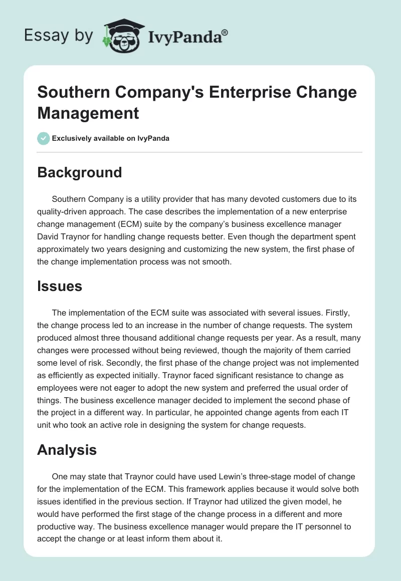 Southern Company's Enterprise Change Management. Page 1