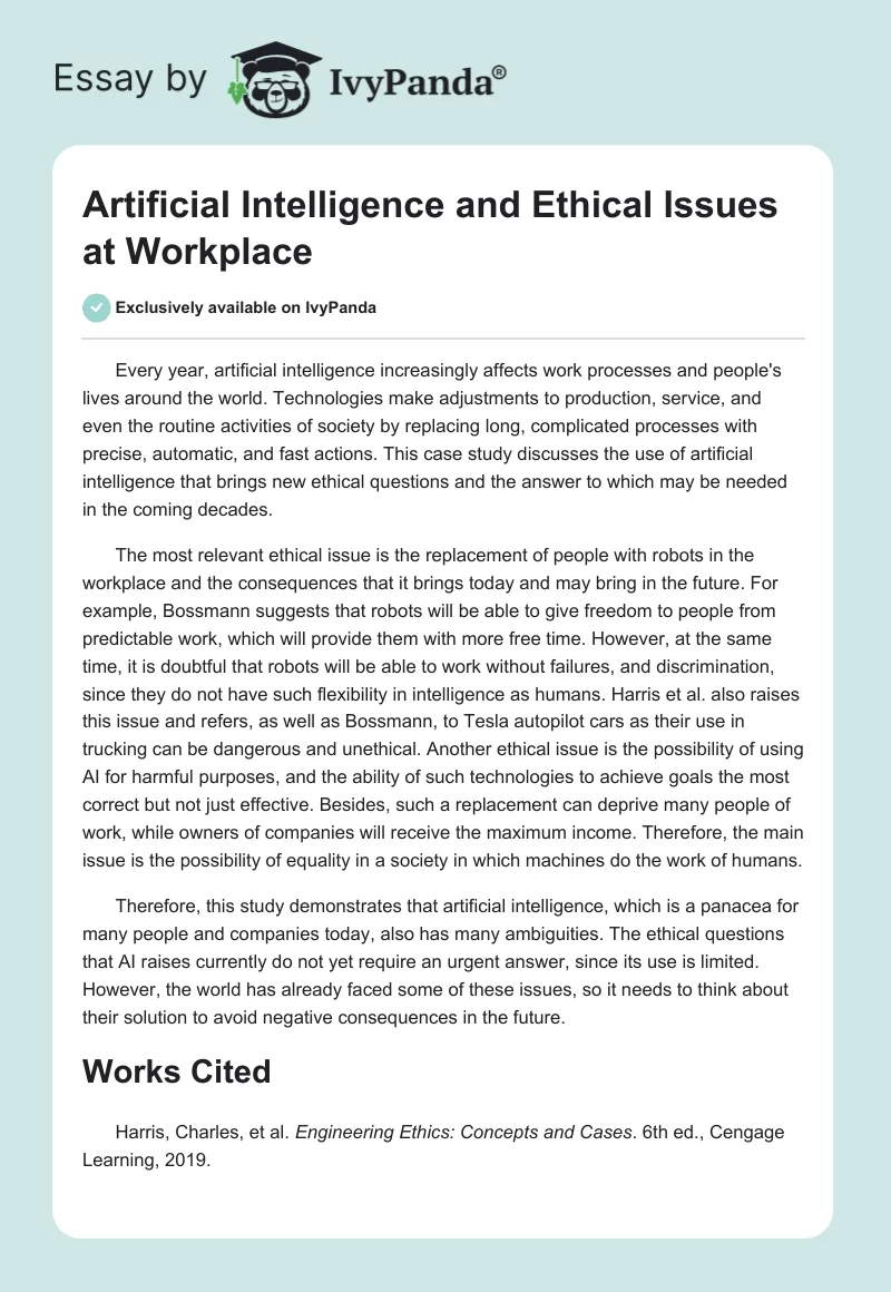 Artificial Intelligence and Ethical Issues at Workplace. Page 1