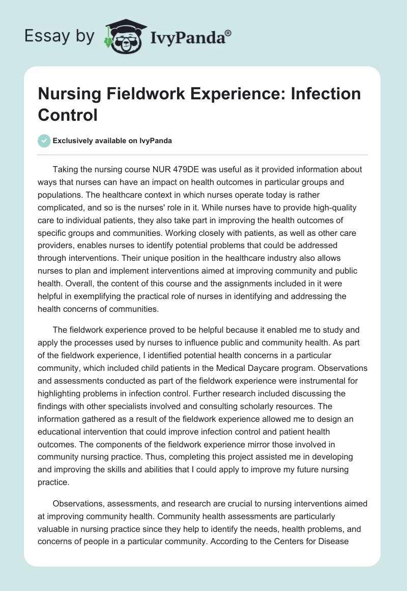 Nursing Fieldwork Experience: Infection Control. Page 1