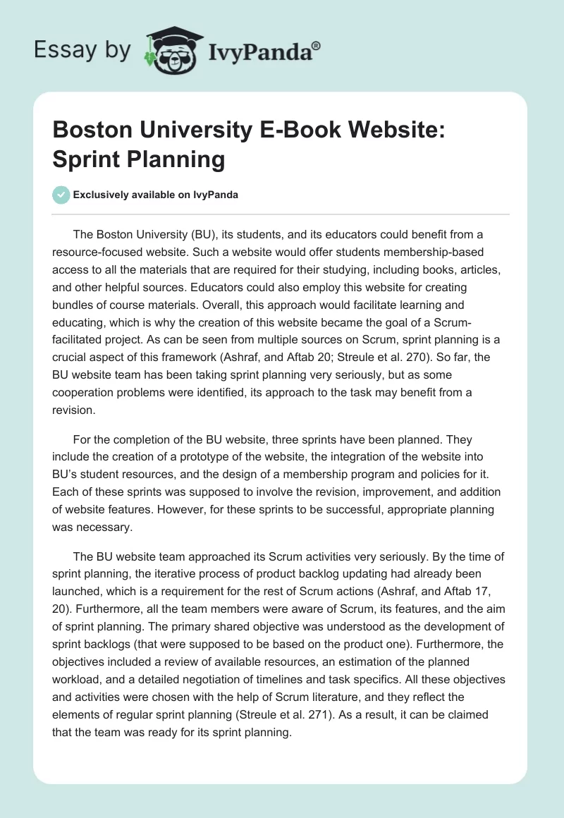 Boston University E-Book Website: Sprint Planning. Page 1