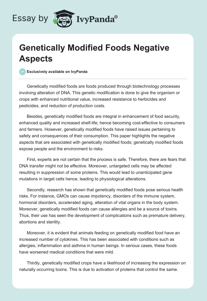 Genetically Modified Foods Negative Aspects. Page 1