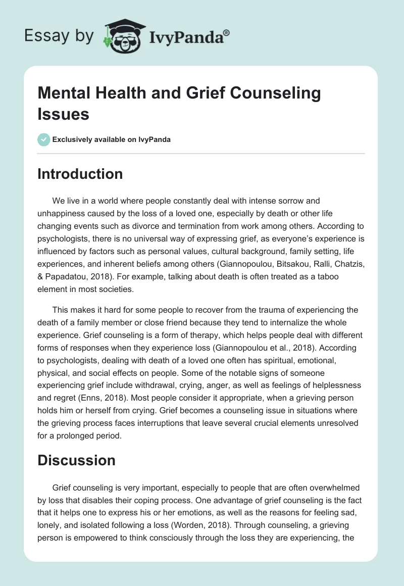 Mental Health and Grief Counseling Issues. Page 1