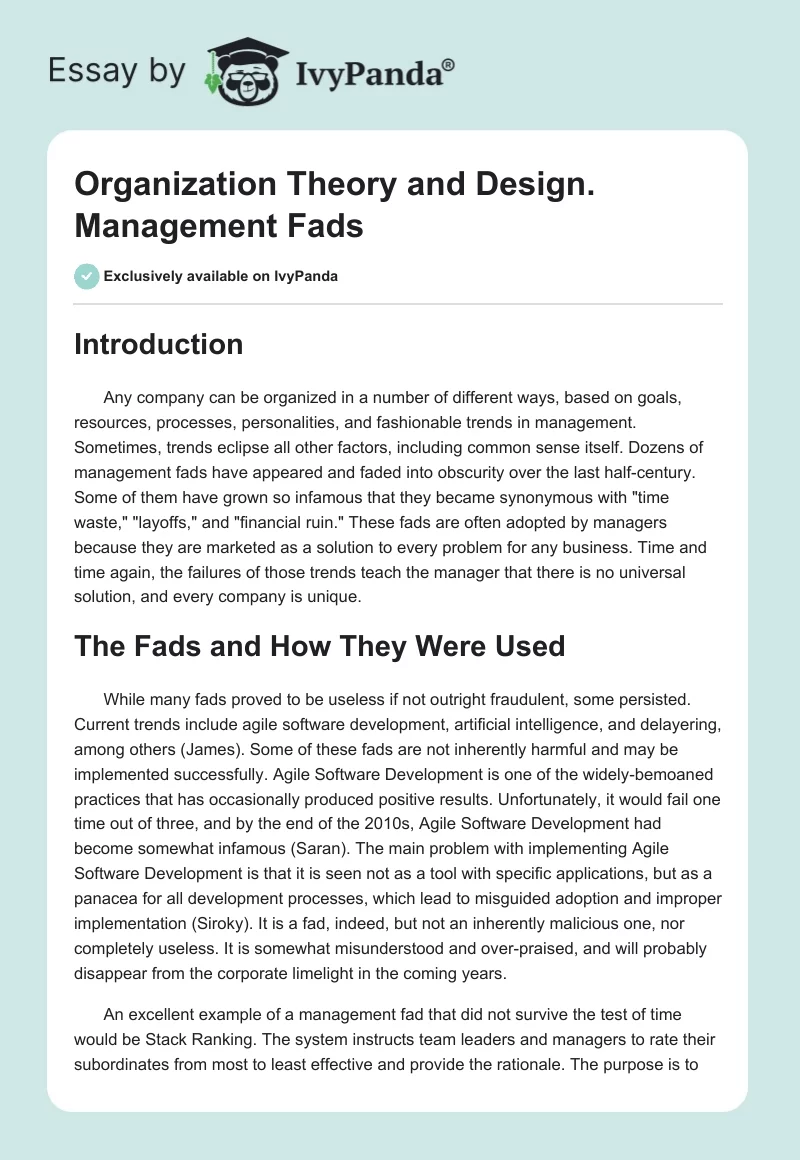 Organization Theory and Design. Management Fads. Page 1