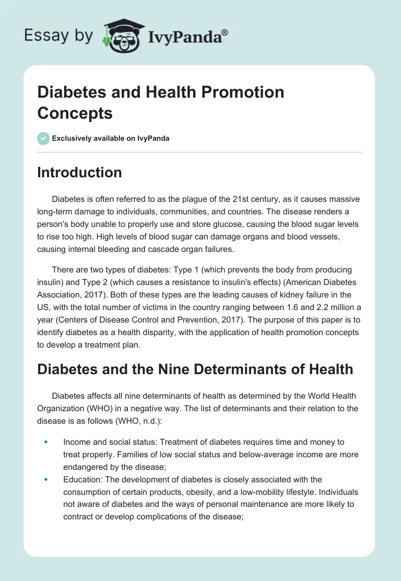Diabetes and Health Promotion Concepts. Page 1