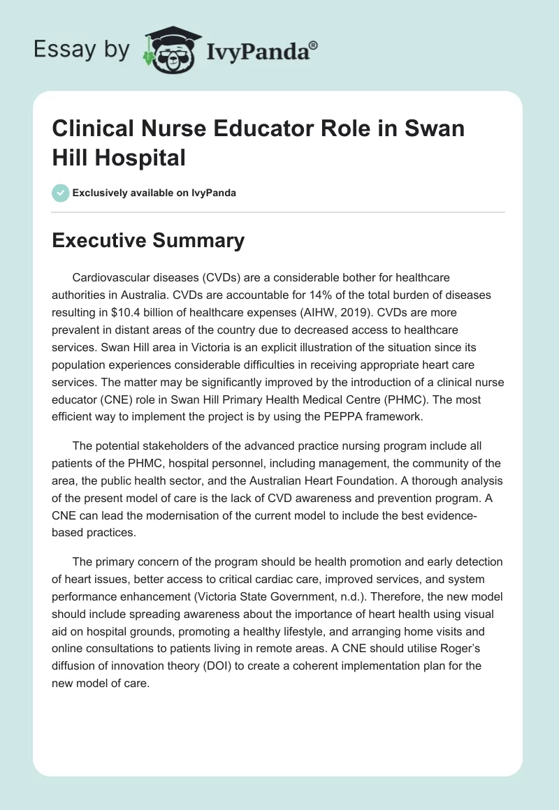 Clinical Nurse Educator Role in Swan Hill Hospital. Page 1