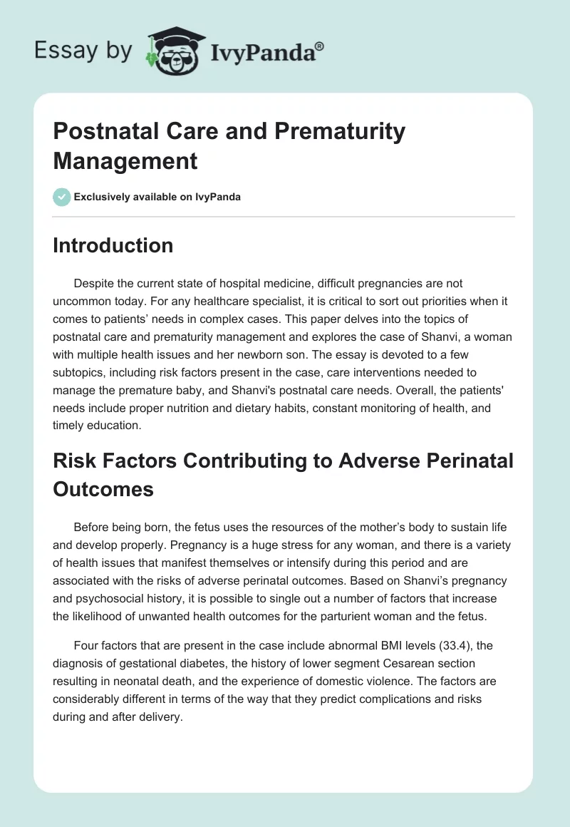 Postnatal Care and Prematurity Management. Page 1