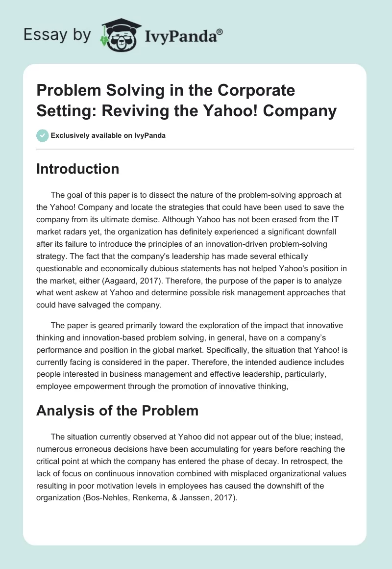 Problem Solving in the Corporate Setting: Reviving the Yahoo! Company. Page 1