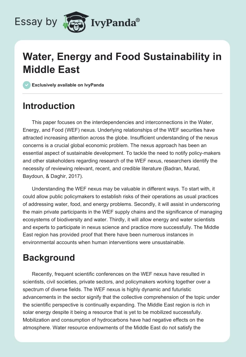 Water, Energy and Food Sustainability in Middle East. Page 1