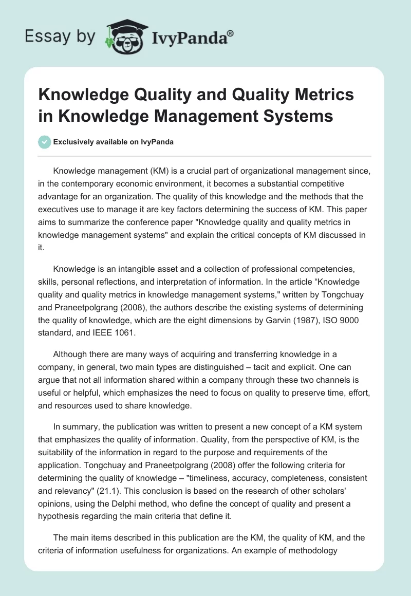 Knowledge Quality and Quality Metrics in Knowledge Management Systems. Page 1