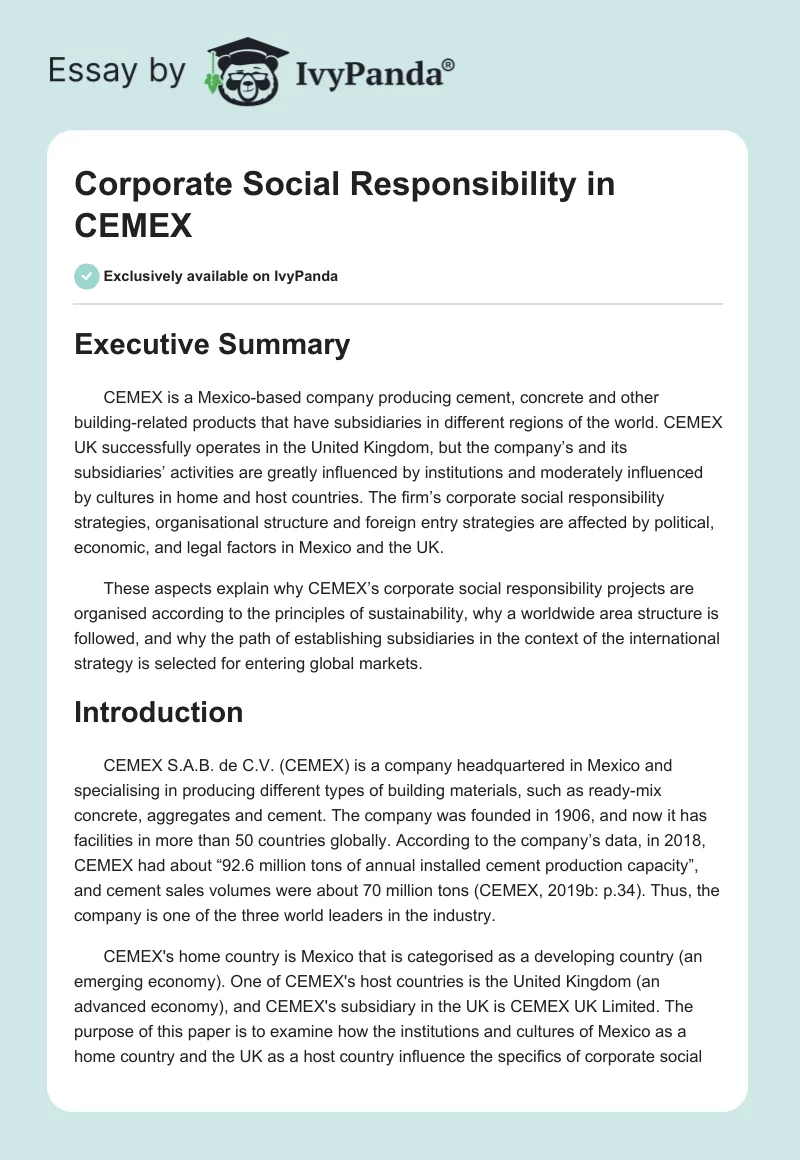 Corporate Social Responsibility in CEMEX. Page 1