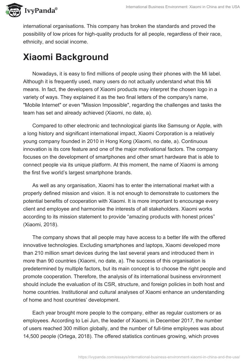 International Business Environment: Xiaomi in China and the USA. Page 2