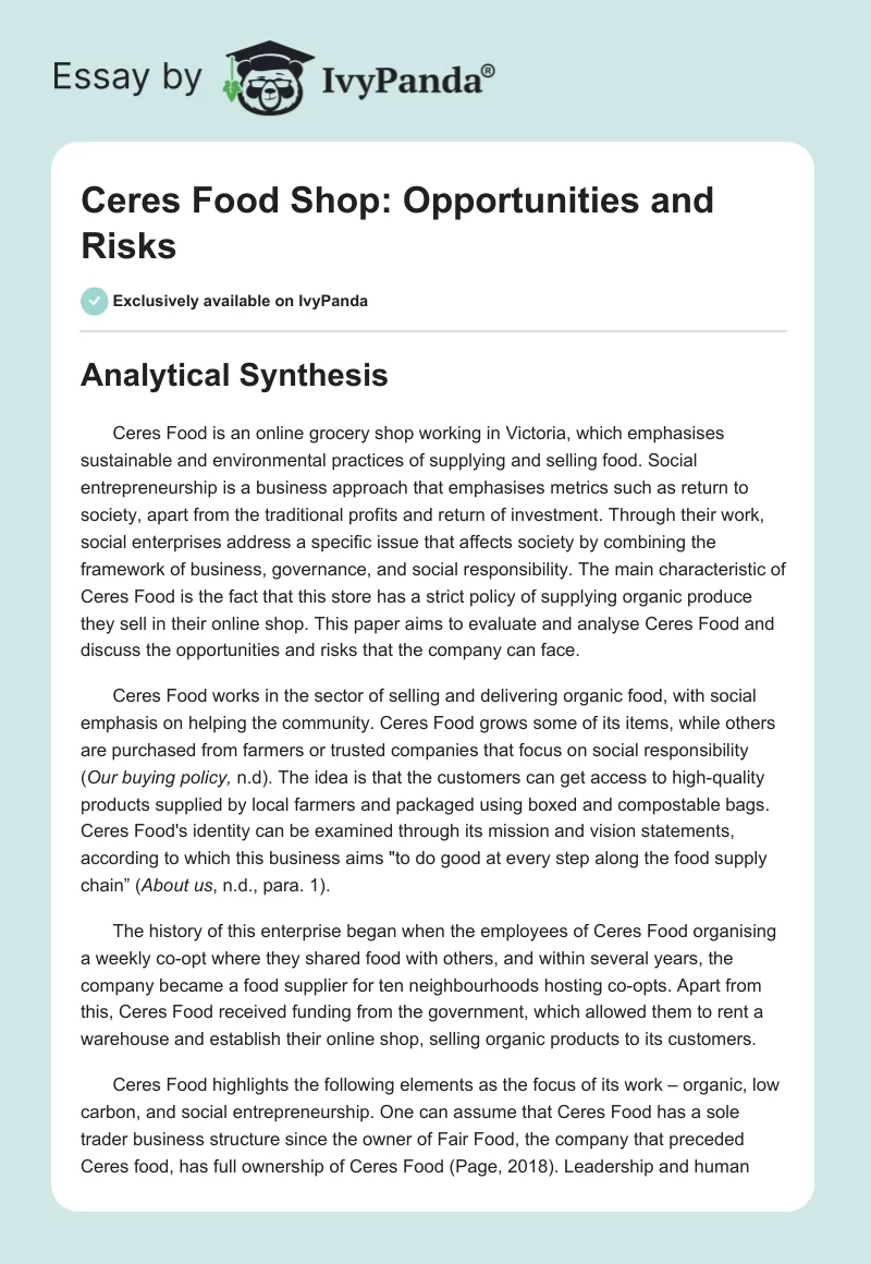 Ceres Food Shop: Opportunities and Risks. Page 1