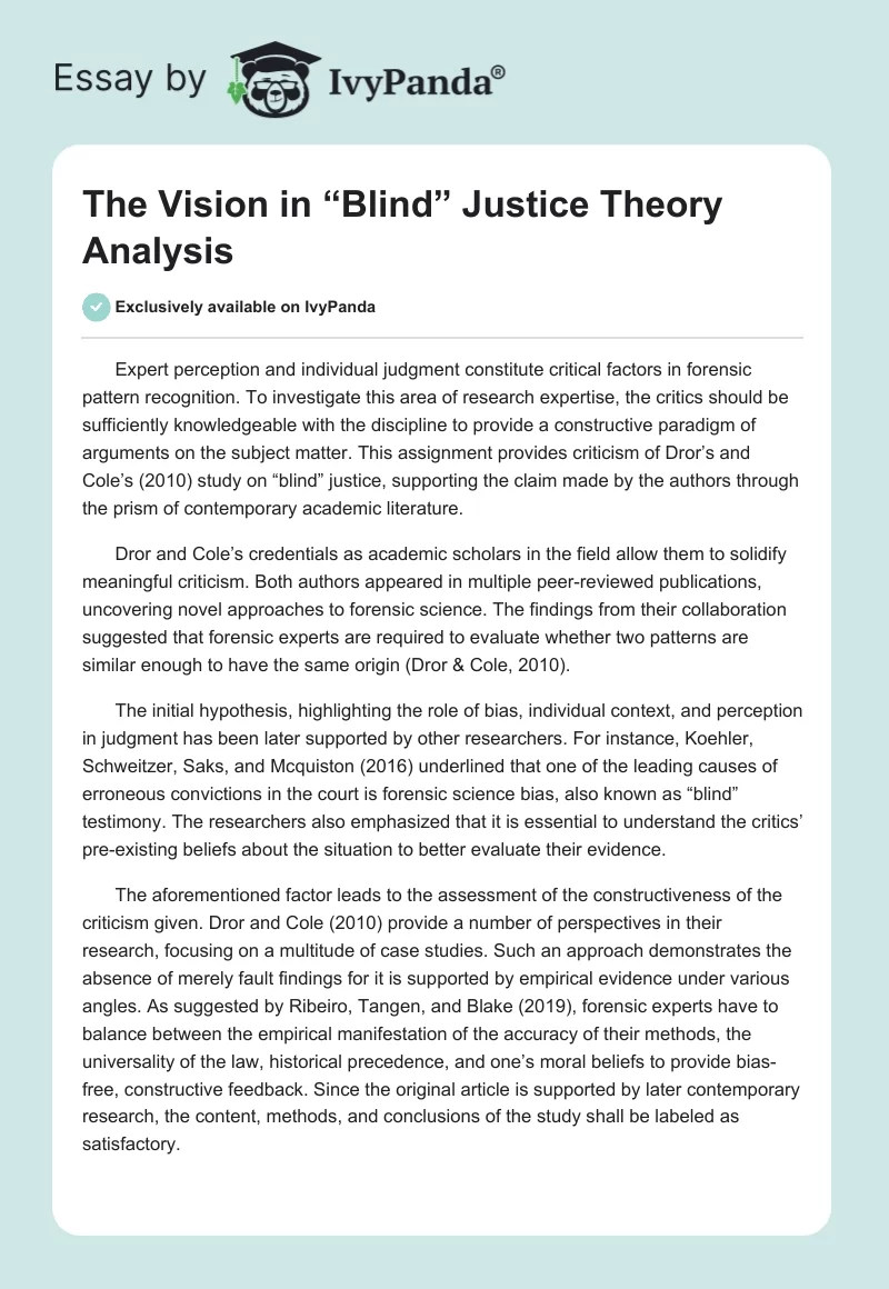 The Vision in “Blind” Justice Theory Analysis. Page 1