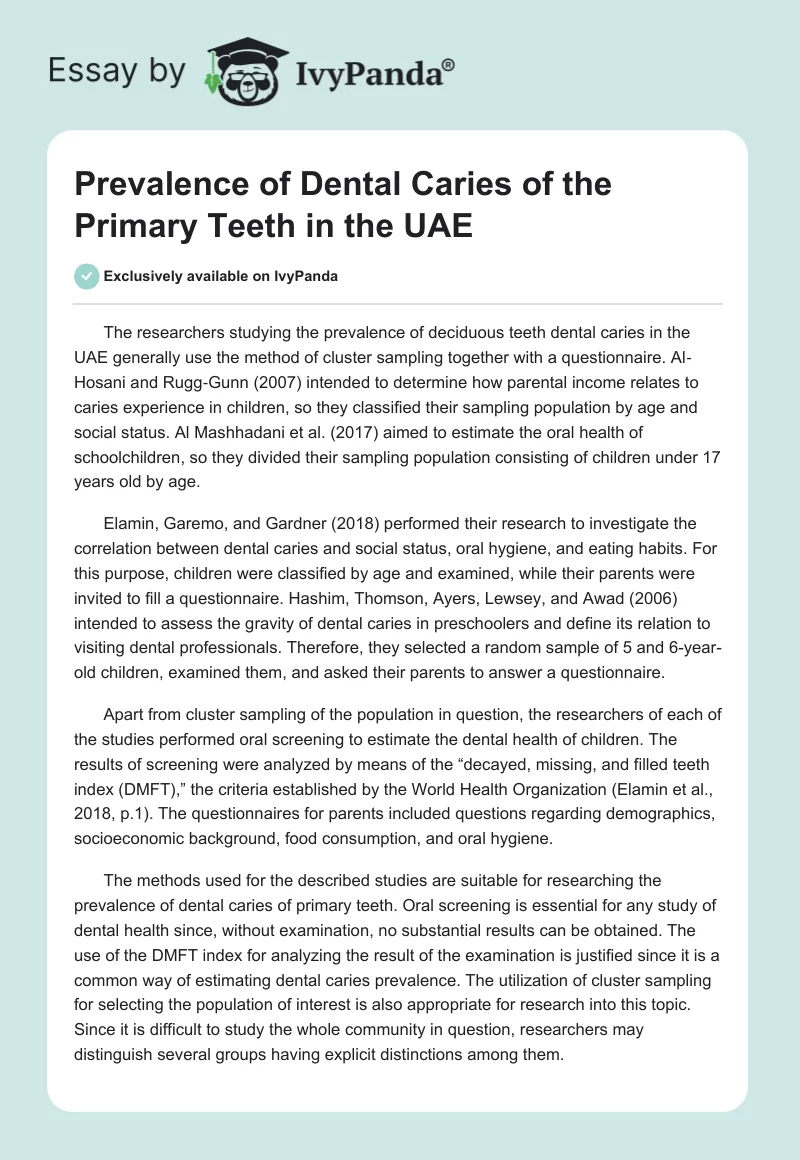 Prevalence of Dental Caries of the Primary Teeth in the UAE. Page 1