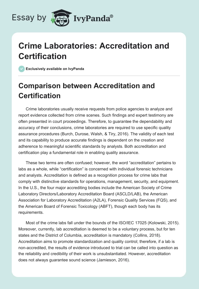 Crime Laboratories: Accreditation and Certification. Page 1