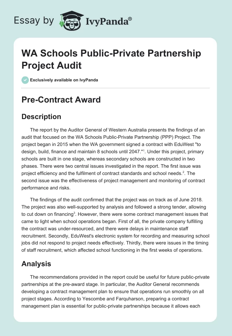 WA Schools Public-Private Partnership Project Audit. Page 1