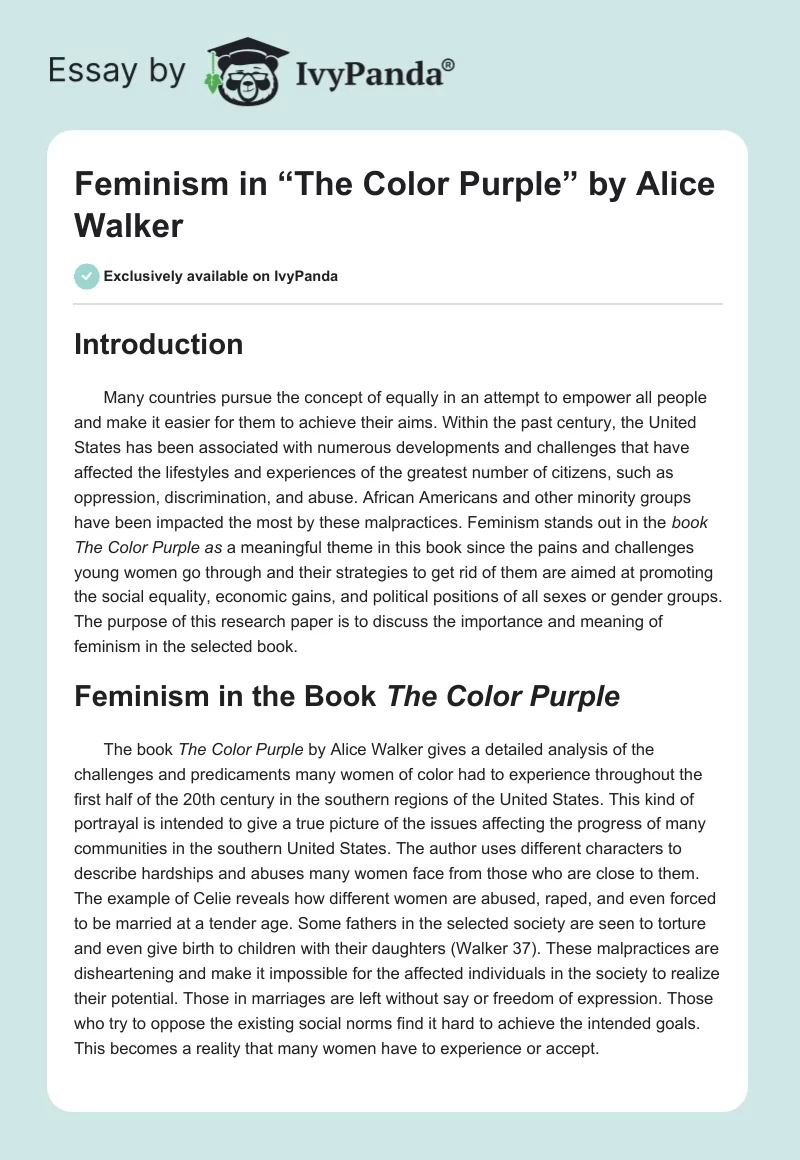 Feminism in “The Color Purple” by Alice Walker. Page 1