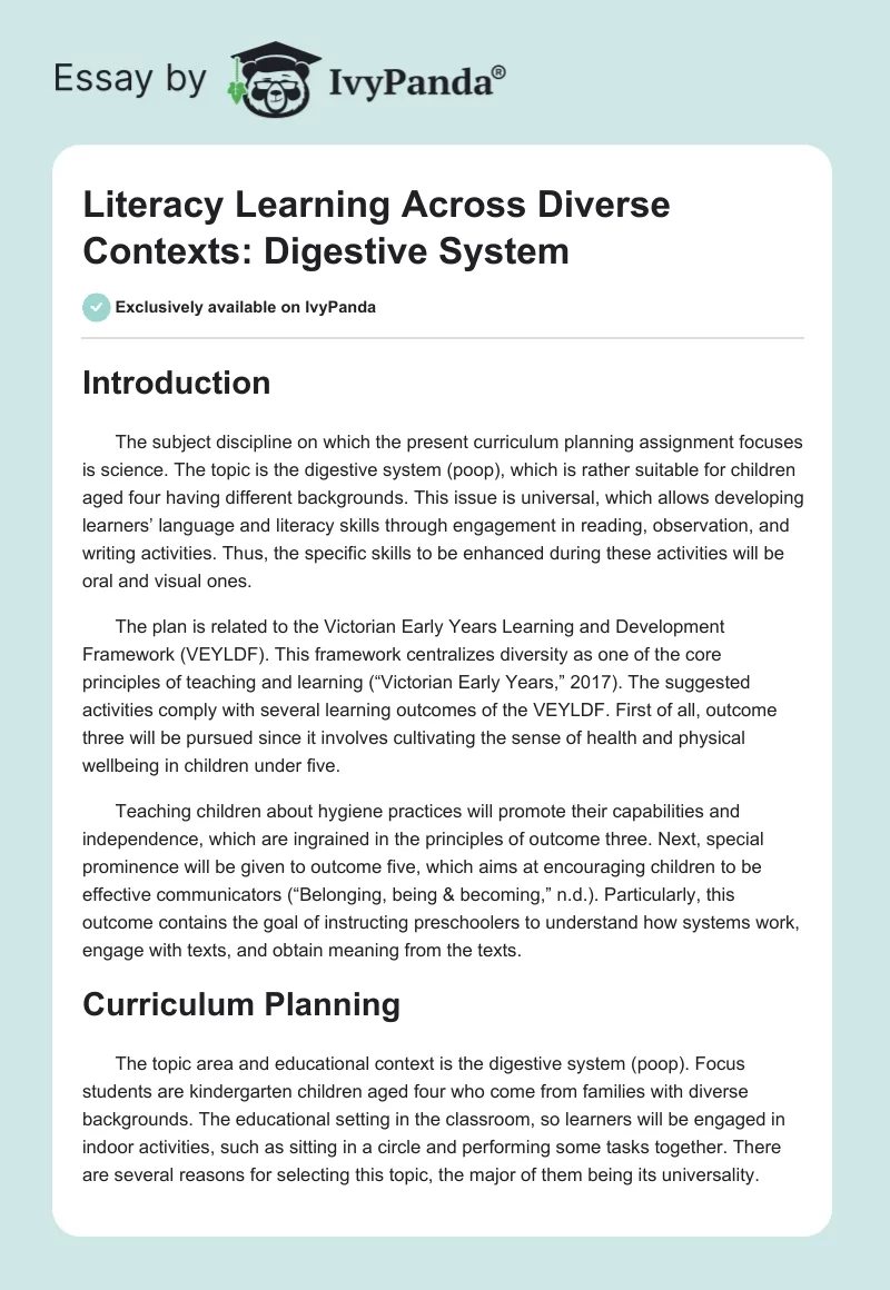 Literacy Learning Across Diverse Contexts: Digestive System. Page 1