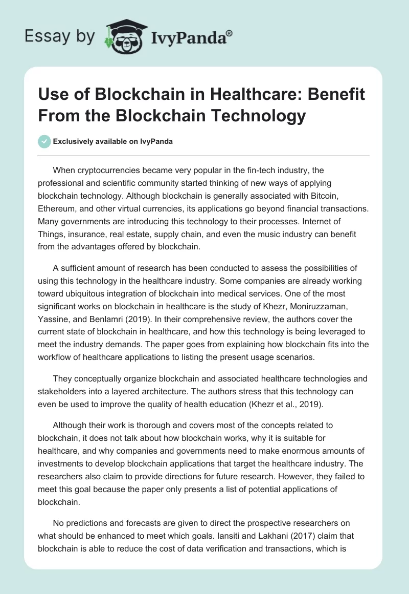 Use of Blockchain in Healthcare: Benefit From the Blockchain Technology. Page 1