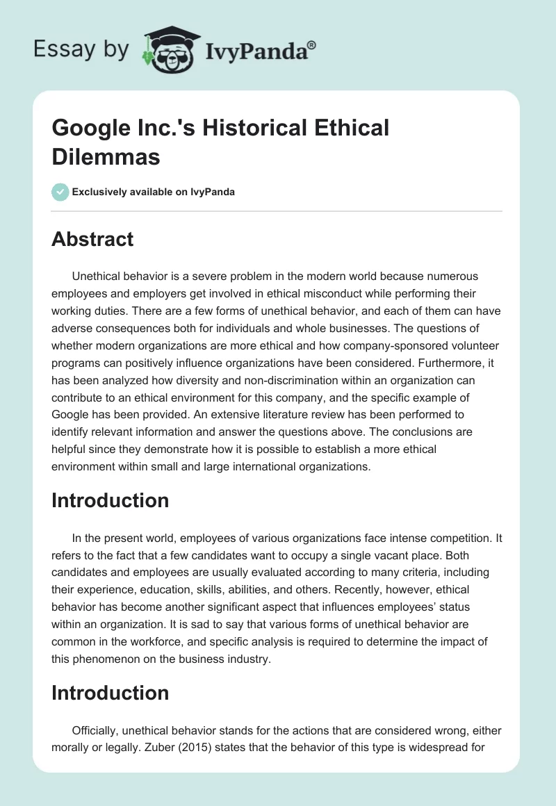 Google Inc.'s Historical Ethical Dilemmas. Page 1