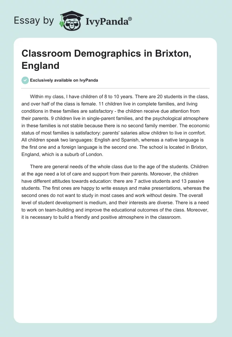 Classroom Demographics in Brixton, England. Page 1