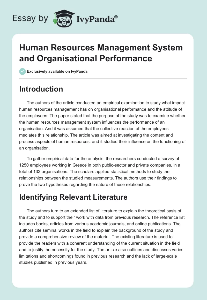 Human Resources Management System and Organisational Performance. Page 1