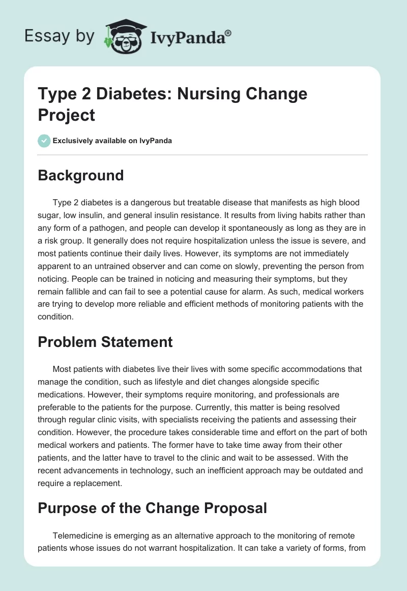 Type 2 Diabetes: Nursing Change Project. Page 1