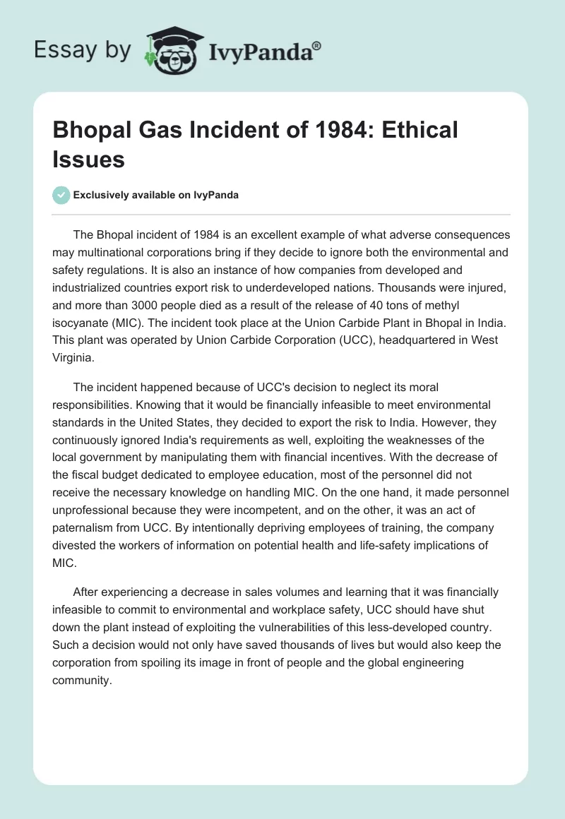 Bhopal Gas Incident of 1984: Ethical Issues. Page 1