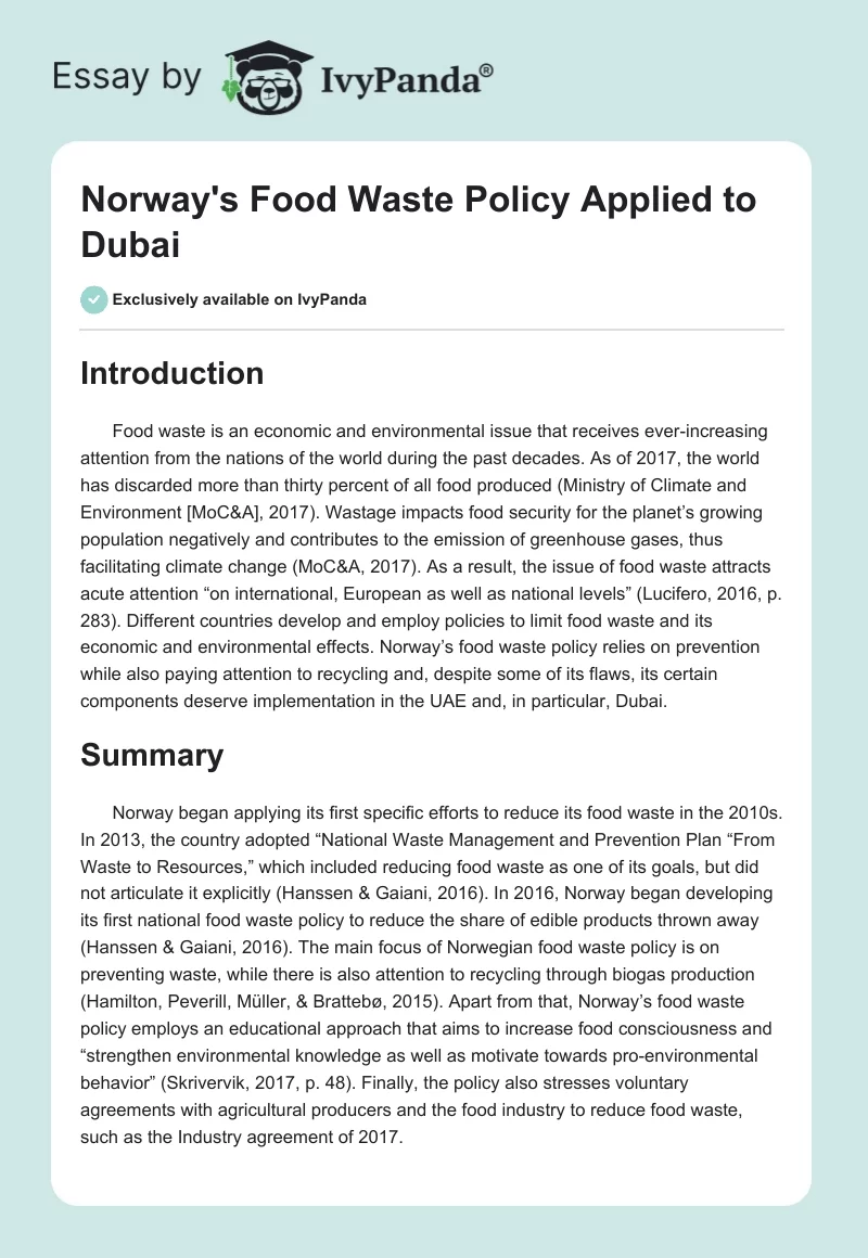 Norway's Food Waste Policy Applied to Dubai. Page 1