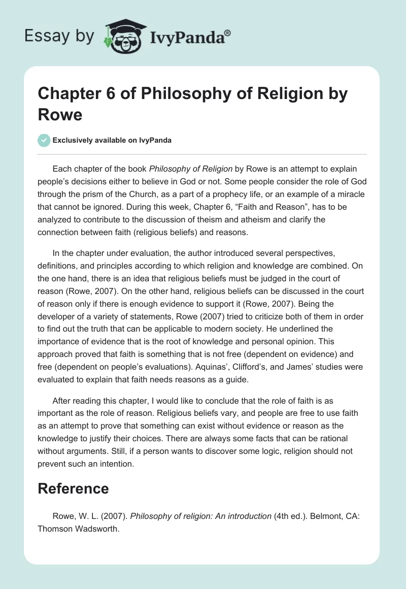 Chapter 6 of "Philosophy of Religion" by Rowe. Page 1