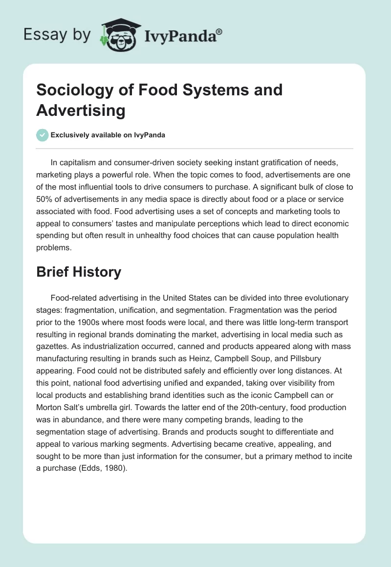 Sociology of Food Systems and Advertising. Page 1