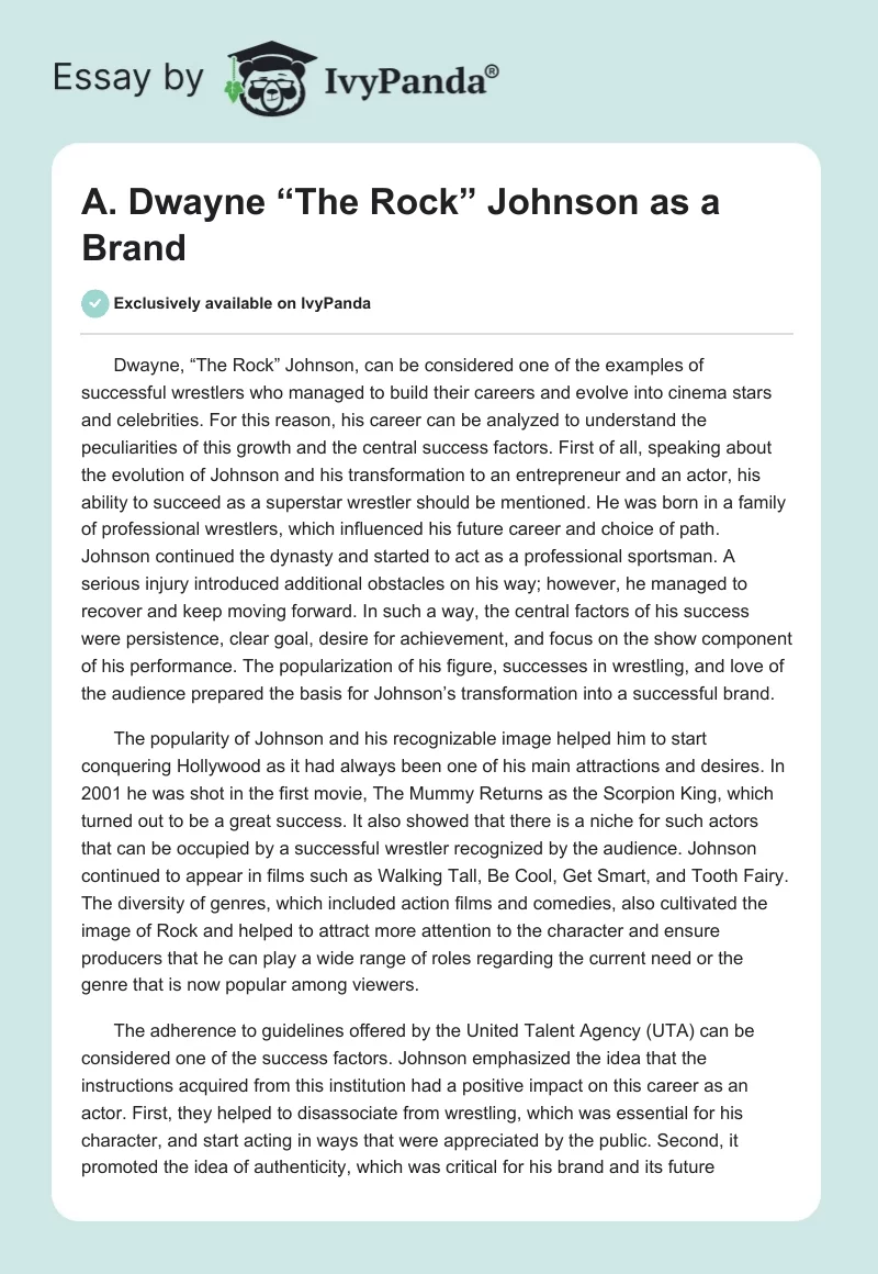 A. Dwayne “The Rock” Johnson as a Brand. Page 1