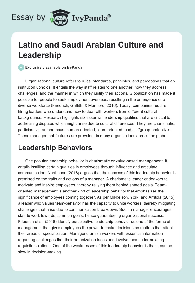 Latino and Saudi Arabian Culture and Leadership. Page 1