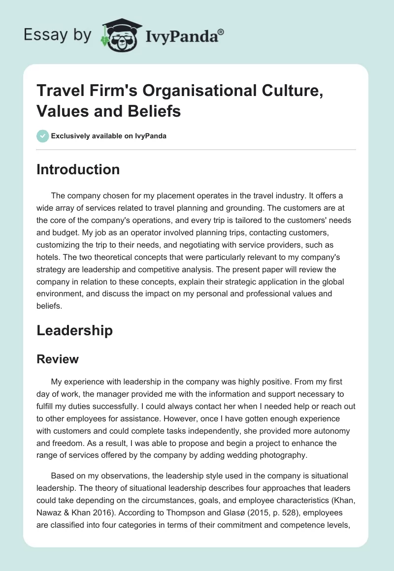 Travel Firm's Organisational Culture, Values and Beliefs. Page 1