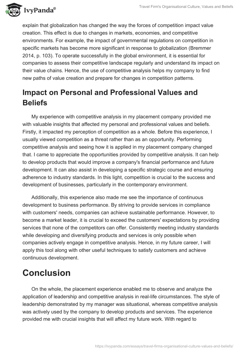 Travel Firm's Organisational Culture, Values and Beliefs. Page 5