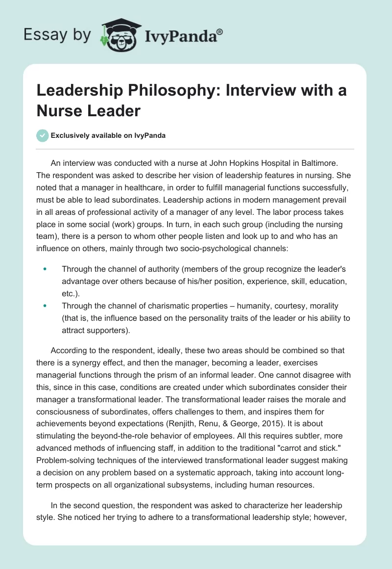 Leadership Philosophy: Interview with a Nurse Leader. Page 1