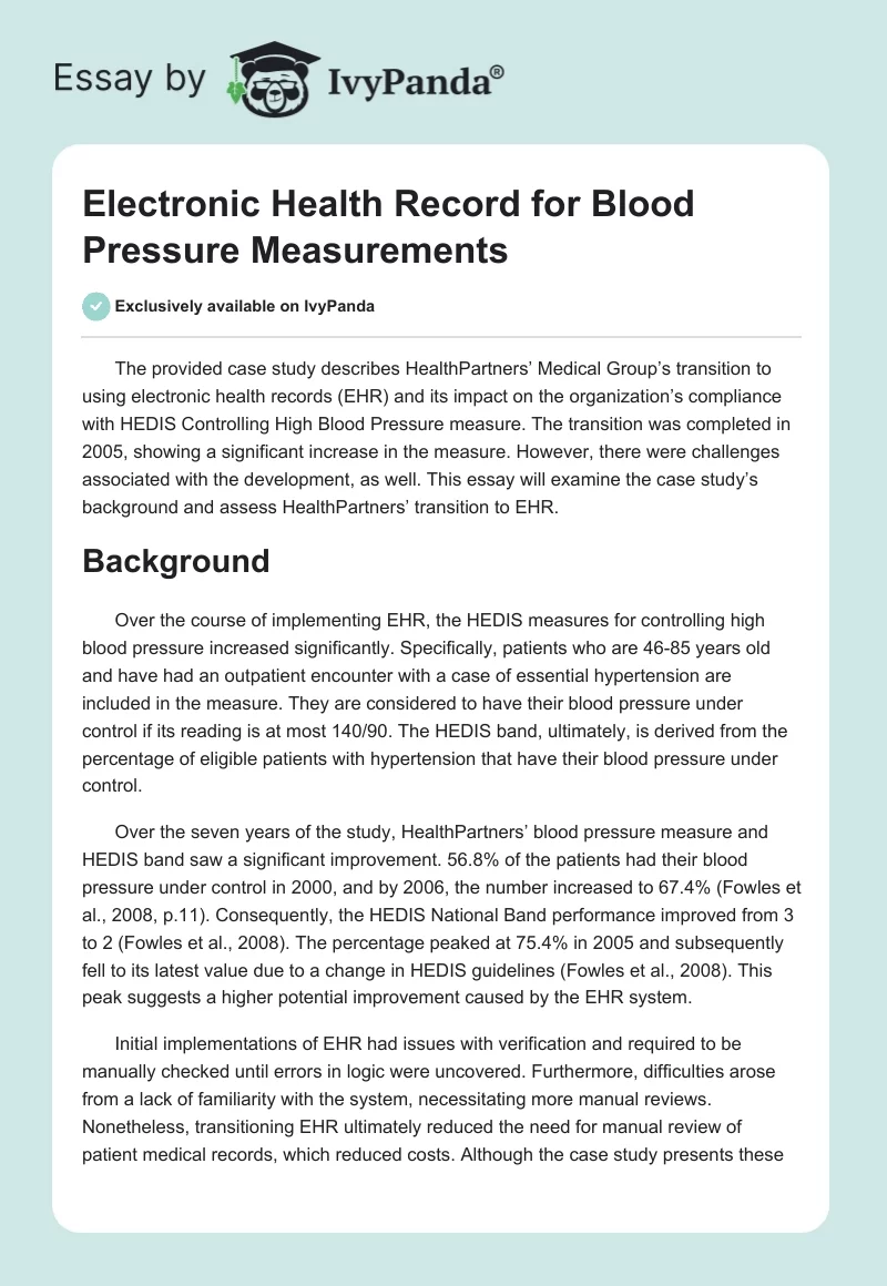 Electronic Health Record for Blood Pressure Measurements. Page 1